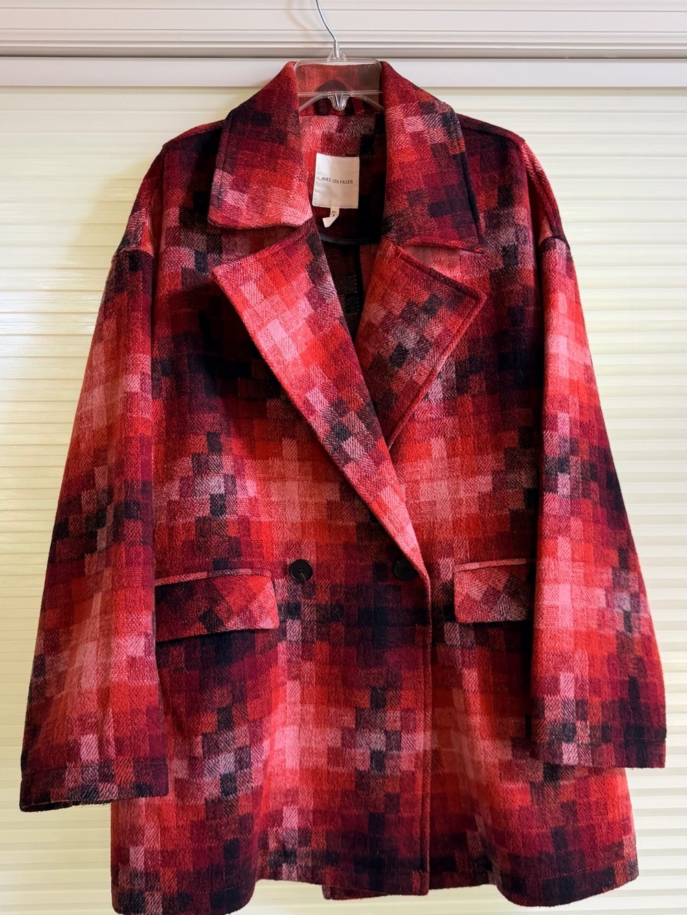 Avec Les Filles Red Geo Pattern Double-Breasted Peacoat Wool Blend XL